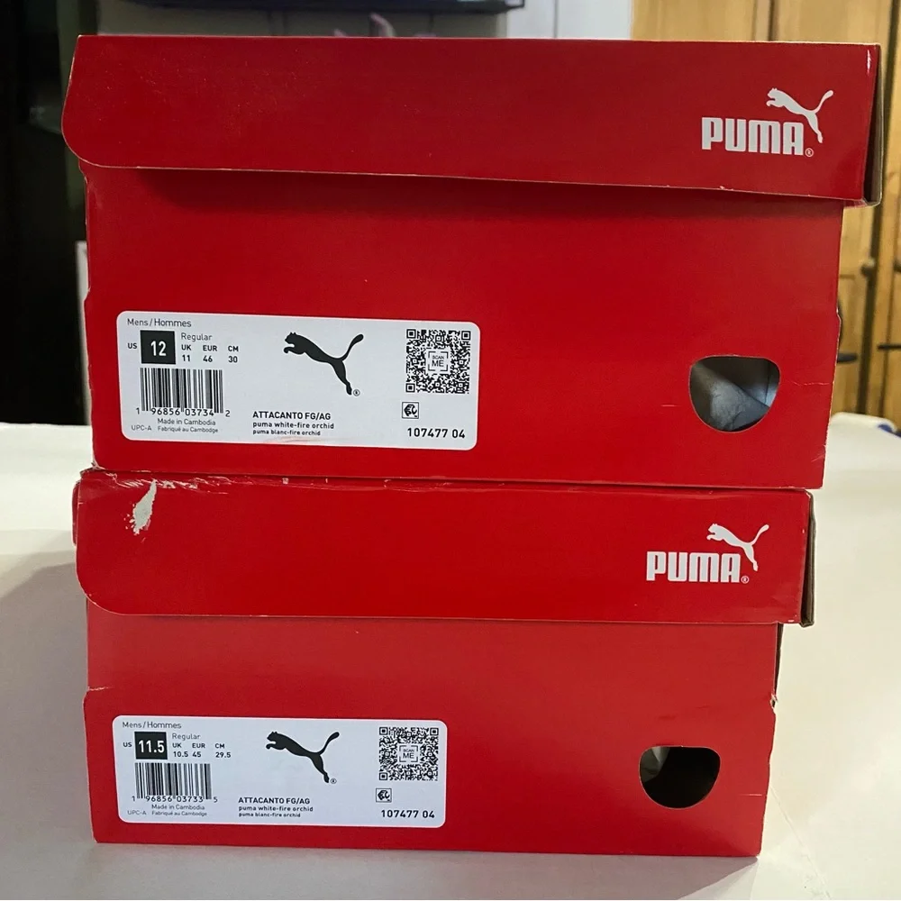 Puma, Men Size 11.5/ Men Size 12, Attacanto FG/AG, Puma White- Fire Orchid